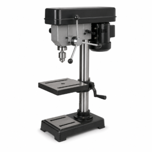 Unbranded workshop drill press on a white background