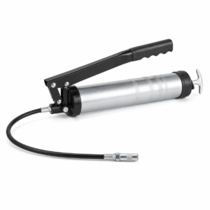 Manual grease gun with flexible hose on a white background