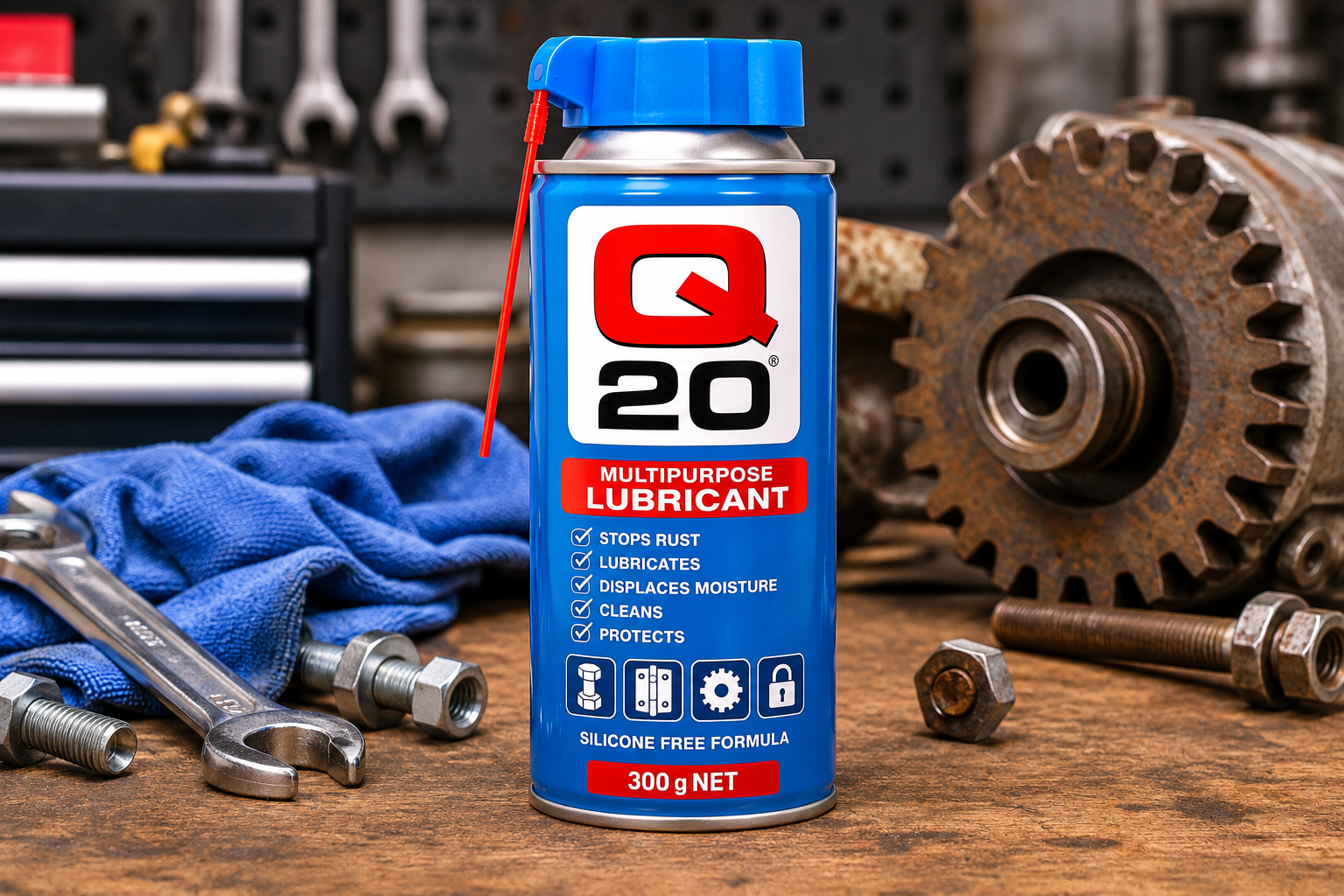 Q20 multipurpose lubricant spray in a workshop setting
